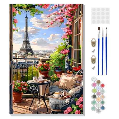 DOMROM Framed Paint by Numbers Eiffel Tower for Adults Beginners, Adult Paint by Number Kits Landscape on Canvas, Acrylic Number Painting Craft Kits for Gift Home Decor 8x12in - color: OMQ067