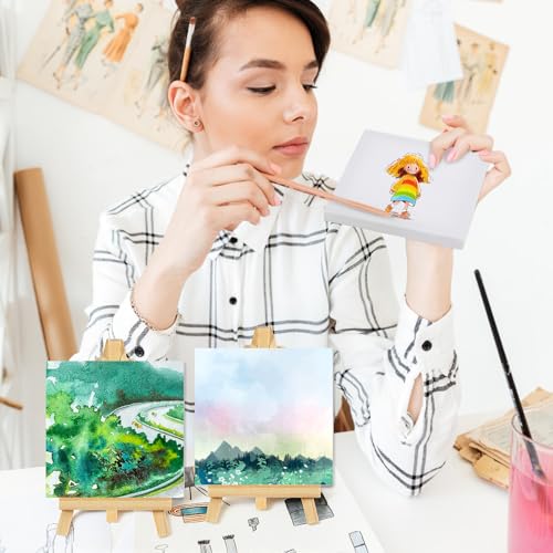 32 Pcs Mini Canvas with Easel Sets, 4 x 4 Inch Mini Square Canvases for Painting Small Blank Art Canvas with Wooden Easels for Acrylic Painting, Oil Paint for Adults, Kids, Crafts
