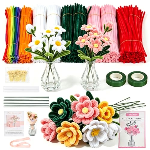 Lymoc DIY Flower Bouquet Kit with 2 Glass Vases, 600PCS Pipe Cleaners Craft Kit, 13 Colors Chenille Stems for Flower Making, Handmade Gift Kit for Girls,Teens&Adults, DIY Crafts & Home Decor