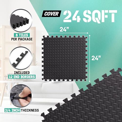 Yes4All 24SQFT-120SQFT Puzzle Exercise Mat for Home Gym, EVA Interlocking Foam Floor Tiles with Border for Workout Equipment - color: Black, style: F. 3/4" Thick, 24SQFT
