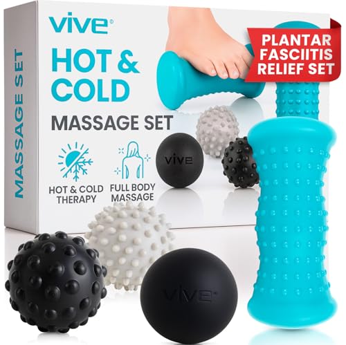 Vive Massage Ball Set (4 Piece) - Plantar Fasciitis Relief Foot Pain Hot | Cold Therapy - Heel Spur, Sore Muscle, Trigger Point, Back, Arm, Neck, Shoulder, Leg Circulation Roller