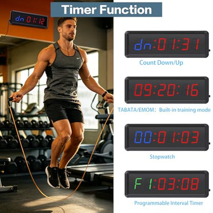 PELLOR Gym Timer with Remote & Press Button | 85dB Adjustable Buzzer, 5 Level Brightness, Interval Timer for Home Gym Garage