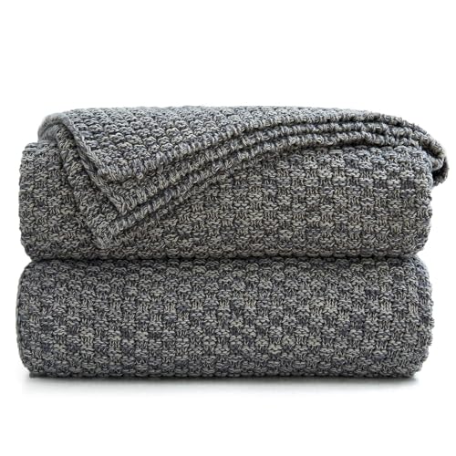 Longhui bedding 소파용 그레이 니트 담요, 부드럽고 아늑한 세탁기 세탁 가능한 100% 면 소파 니트 담요, 무거운 1.4kg(3파운드), 127 x 160cm(50 x 63인치), 그레이 및 화이트 색상, 세탁 가방 포함 - color: 다크 그레이., size: 51" x 63", Standard