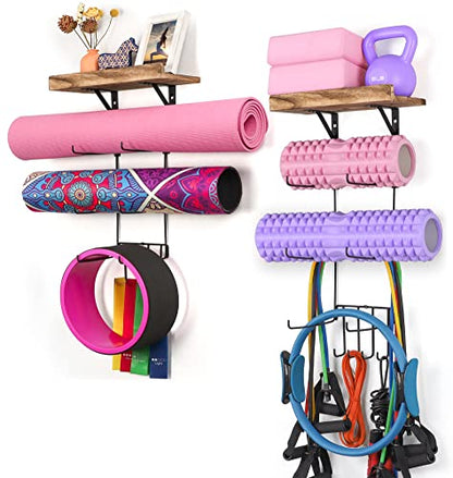 2 PACK Yoga Mat Holder Wall Mount Yoga Mat Storage Shelf Rack Home Gym Accessories with Wood Floating Shelves and 4 Hooks for Hanging Foam Roller and Resistance Bands Home Gym Carbonized Black - color: 2 Pack Carbonized Black