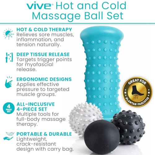 Vive Massage Ball Set (4 Piece) - Plantar Fasciitis Relief Foot Pain Hot | Cold Therapy - Heel Spur, Sore Muscle, Trigger Point, Back, Arm, Neck, Shoulder, Leg Circulation Roller