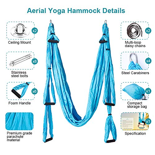 Aerial Trapeze Yoga Hammock Kit - Ultra Strong Antigravity Yoga Flying Sling Inversion Swing Tool Set - color: Blue