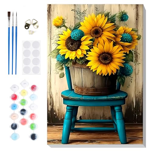 Bowetile Framed Paint by Numbers Sunflower Kit for Adults, Adults' Paint-by-Number Flowers Kits on Canvas, Painting by Numbers Chair, DIY Acrylic Number Painting for Home Wall Decor, 8x12in - color: Sunflower, Chair