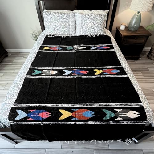 Open Road Goods Thick Mexican Yoga Blanket - Serape Fish Design - Handmade (Black) - color: Black