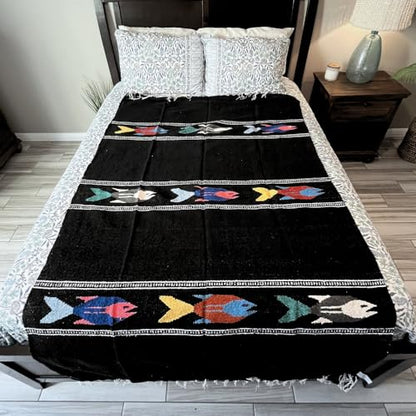 Open Road Goods Thick Mexican Yoga Blanket - Serape Fish Design - Handmade (Black) - color: Black