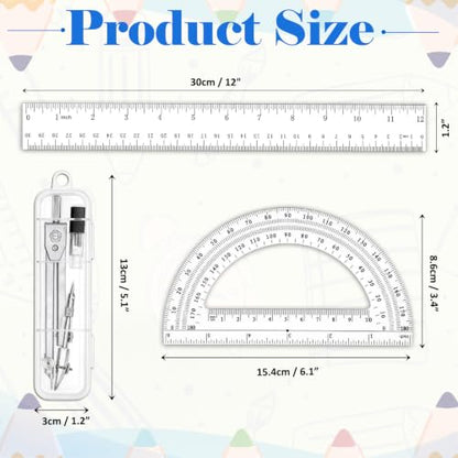 Coopay 3 Pcs Plastic 12 Inch Ruler, Clear Protractor and Compasses Set | Clear Ruler, Protractor and Compass set, Geometry, Durable, Drawing, Measuring, Math, Art, Classroom, School, Student - size: 3 Pcs set