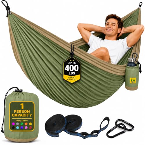 Durable Hammock 400 lb Capacity, Nylon Camping Hammock Chair - Double or Single Sizes w/Tree Straps and Attached Carry Bag - Portable for Travel/Backpacking/Beach/Backyard (Medium, Khaki & Army Green) - color: Khaki & Army Green, size: Medium