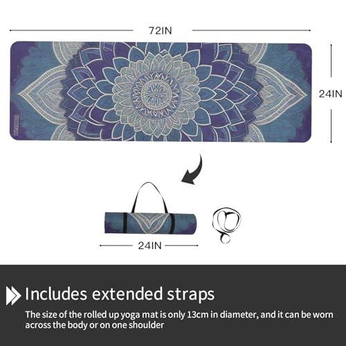 TPE Printed Yoga mat 72"x24"Thick 0.24”Non-Slip Fitness Exercise Mat | uede Printed Cute Lotus 6mm Yogamat Pilates Mats,with Strap for Women Men Outdoor Travel Home Workout Gym Floor Workout - color: Blue lotus