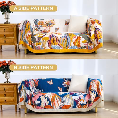 VANJOROY Boho 담요, 100% 유기농 면 127x152.4cm(50x60인치), 카우치 베 - color: 꽃-나비, size: 담요(50 x 60인치)