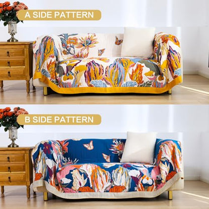VANJOROY Boho 담요, 100% 유기농 면 127x152.4cm(50x60인치), 카우치 베 - color: 꽃-나비, size: 담요(50 x 60인치)