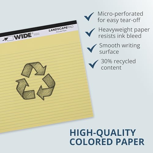 ROARING SPRING Wide Landscape Legal Pad, Canary Yellow, 36 Pads, 11" x 9.5", College-Ruled with Margin, 20 lb Recycled Paper, 40 Perforated Sheets, Made in USA - color: Canary, style: 36 Pads