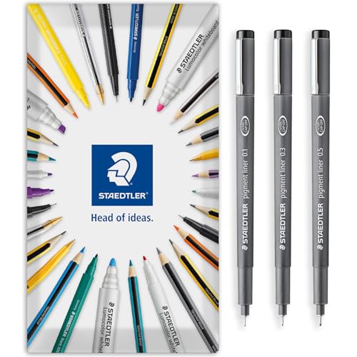 STAEDTLER 308 Pigment Liner Fineliner Pen - Ideal for Writing, Sketching, Technical Drawing, Marking Out - Black Ink - In Envelope Gift Packaging - Extra Fine Pack of 3-0.1mm, 0.3mm, 0.5mm