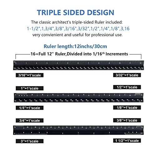 Architectural&Engineering Triangular Scale Ruler, 12 Inch Architectural Scale Ruler Set, Laser-Etched Aluminum with Stainless Steel Ruler for Architects, Students, Draftsman, Engineers (3 PCS) | 12'' Black Architectural Scale Ruler Set, Laser-Etched Alumi