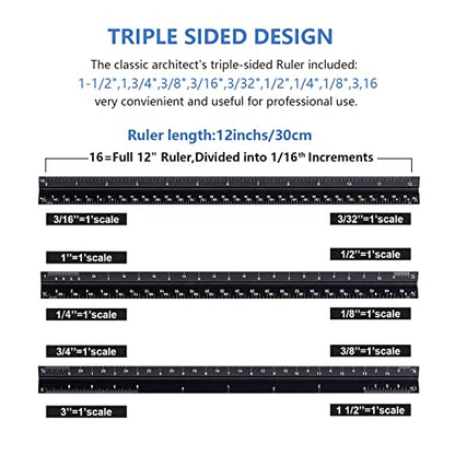 Architectural&Engineering Triangular Scale Ruler, 12 Inch Architectural Scale Ruler Set, Laser-Etched Aluminum with Stainless Steel Ruler for Architects, Students, Draftsman, Engineers (3 PCS) | 12'' Black Architectural Scale Ruler Set, Laser-Etched Alumi