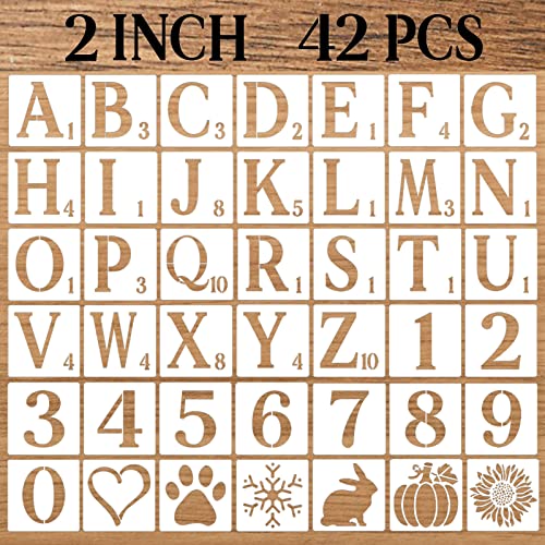 2 Inch Letter Stencils Numbers Craft Stencils, 42 Pcs Reusable Plastic Alphabet Drawing Templates for Painting on Wood, Wall, Fabric, Rock, Signage, Door Porch, DIY Art Projects - size: 2 Inch