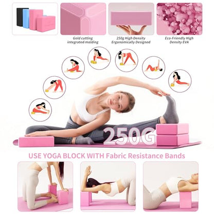 DICYWUDI Yoga Mat Thick, 6 Fabric Resistance Bands, 2 Pack Yoga Blocks, Home Workout Equipment Essentials Starter Kit for Beginners Full Body Toning - color: Pink
