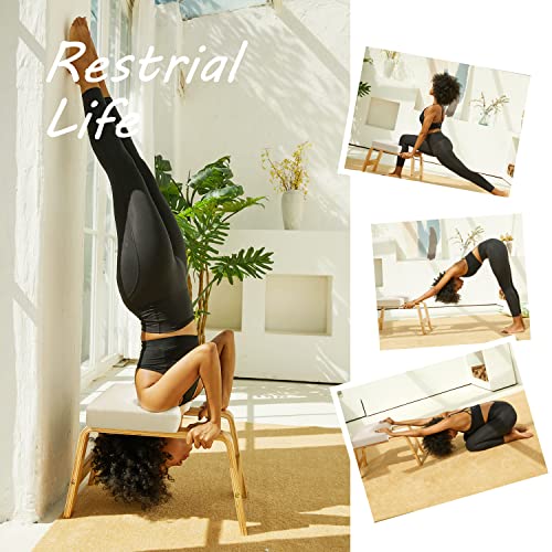 Yoga Headstand Bench- Stand Yoga Chair for Family, Gym - Wood and PU Pads - Relieve Fatigue and Build Up Body (White), 25*16.14*15.75inch