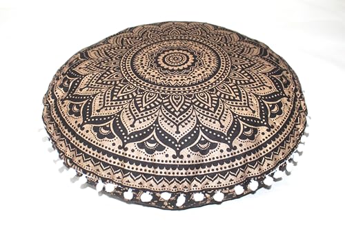 CRAFT KALA Large Round Bohemian Floor Pillow Pouf Cover Mandala Meditation Room Pillow Cover for Adults Boho Seating Poufs Cushion Cover for Kids Playroom 32" Black Gold Ombre - color: Black Gold, size: 32" x 32" (Pack of 1)