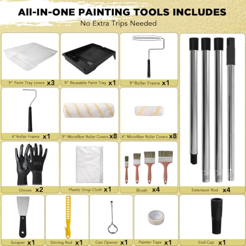 SOUTHGATE 33PCS Paint Roller Kit with Extension Pole for Walls & Ceilings | 9‘’ and 4‘’ rollers,1-5ft adustable pole, paint tray, drop cloth, brushes, for drywall, baseboards, apartments