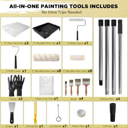 SOUTHGATE 33PCS Paint Roller Kit with Extension Pole for Walls & Ceilings | 9‘’ and 4‘’ rollers,1-5ft adustable pole, paint tray, drop cloth, brushes, for drywall, baseboards, apartments
