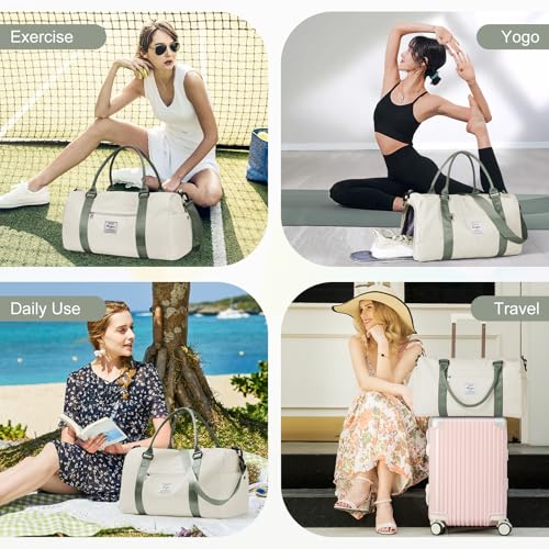 Gym Bag Womens with Shoes Compartment Travel Duffel Bag Beige Green - color: B14-Beige&Green+Toiletry Bag