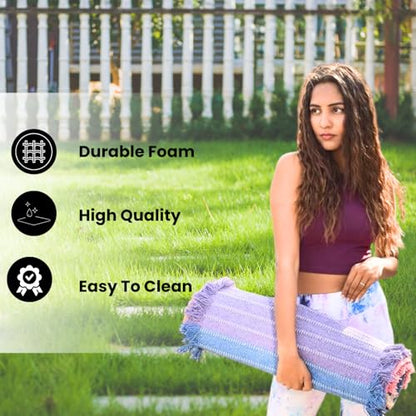 Indian Handmade100 % Organic Anti Skid Multi Colour Cotton Yoga Mat - Eco-Friendly Hand-Woven Rug - Non-Slip & Thick (24”x72”x5mm) for Hot yoga & Everyday Fitness at Home - Comfortable & Foldable Extra-Long Mat - color: Multi 10
