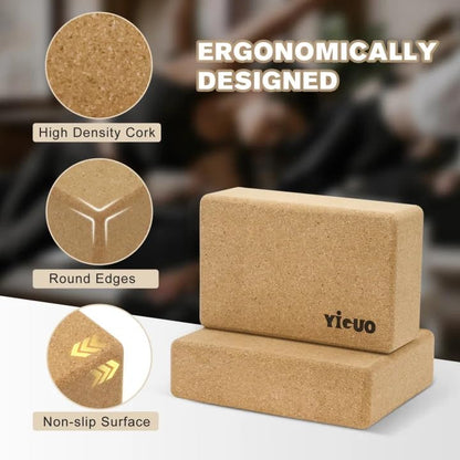 YIGUO 2 Pack Cork Yoga Blocks | Natural Eco-Friendly High Density Non-Slip Yoga Blocks for Women & Men | 9x6x3 Inches for Yoga, Pilates, Stretching