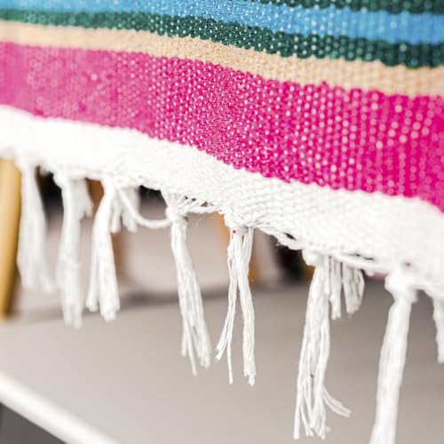 Mexican Blanket Throw with Tassels, 69 x 51 Inches Large Woven Serape Blanket, Boho Striped Picnic Yoga Beach Blanket, Soft Durable Tribal Falsa Blanket for Couch Outdoor Travel - Rose-Blue - color: Rose-blue
