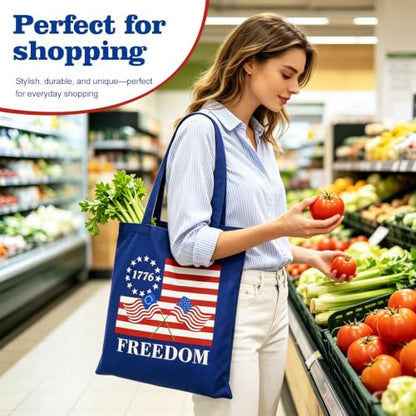 Canvas Tote Bag with Zipper for Women, Halloween Trick or Treat Bags Bulk | 13.8" x 15.3" Fashionable Two-Tone Cotton Tote Bag for Crafts, DIY Your Creative Designs - color: [A0] Freedom - Blue