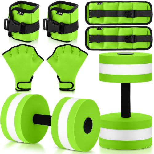 Hollowfly 6 Pcs Water Aerobics Equipment Set Full Body Pool Exercise Kit, 2 Aqua Dumbbells, 2 Adjustable Ankle/Wrist Weights, 2 Webbed Swim Gloves, Low Impact Aquatic Workout Gear - color: Green, size: 2.5lb