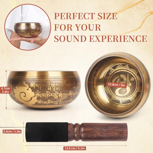 AKLOT HandMade Meditation Singing Bowl: Tibetan Sound Bowl Set with Pure Tone, Sound Bath Bowl with Cushion, Mallet, Carry Bag, Spiritual Gift for Chakra Clearing, Yoga, Prayer, Relaxation (5 Inch) - color: 5 inch Gold