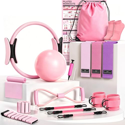 Pilates Kit for Home Workouts, Pilates Equipment, Pilates Ring and Ball, Ankle Resistance Bands with Cuffs, Exercise Bands and Socks, Home Pilates Essential Kit for Women & Beginners