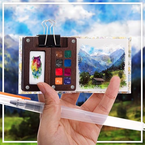 Qilery Mini Portable Watercolor Palette Set Wooden Grid Paint Box Watercolor Paper Sketch Book Brush Pens with Binder Clip for Painters Artist Not Include Paint(Winter Jasmine) - style: Winter Jasmine