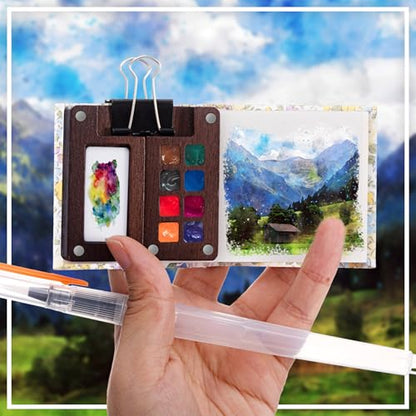 Qilery Mini Portable Watercolor Palette Set Wooden Grid Paint Box Watercolor Paper Sketch Book Brush Pens with Binder Clip for Painters Artist Not Include Paint(Winter Jasmine) - style: Winter Jasmine