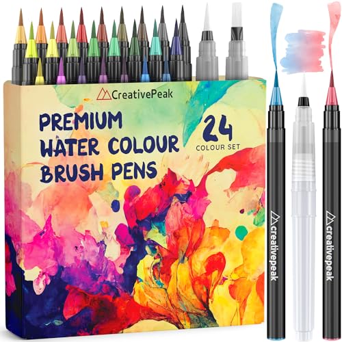 Creativepeak Watercolor Brush Pens - 24 Vibrant Soft Tip Coloring Markers with 2 Blending Brushes - Premium Art Supplies for Calligraphy, Lettering, Coloring & Journaling - size: 1 Set (24 Colors)