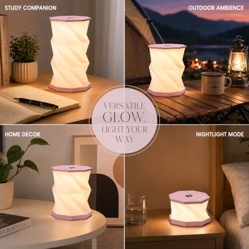 Portable Foldable Table Lamp, Japanese Gift, Paper Lantern Lights | Touch Control Dimmable Lamp with 3 Adjustable Heights, Rechargeable Warm Light, Travel Gifts for Women Men Couples (Pink) - color: Pink