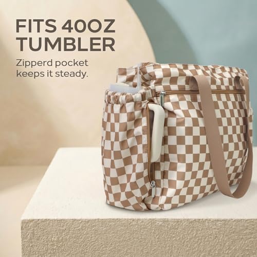 Omanmoli Beach Bag for Women Large Waterproof Sandproof Tote 40oz Holder | Anti-theft Lock & Chain,12 Pockets,2 Insulated Foil Pockets,Checkered,Cruise Travel Vacation Picnic Pool Work Gym,Checkered - color: Beige&honey