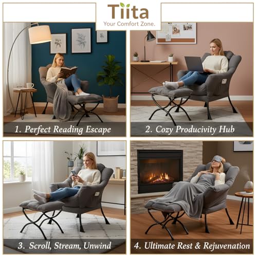 Tiita Lazy Chair with Ottoman, Comfy Reading Accent Chair, Dark Grey - color: Dark Grey