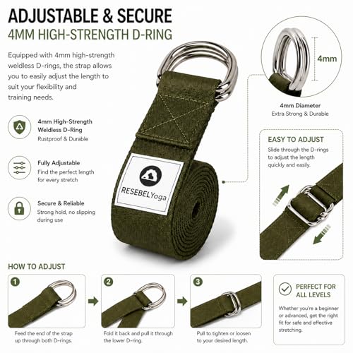 Yoga Strap for Stretching, Non-Elastic Yoga Belt with D-Ring - color: Army Green, size: 6Feet/1.8M