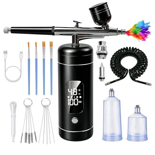 Cordless Airbrush Kit with Compressor,48 PSI High-Pressure, 6000mAh Rechargeable, 3-Speed Adjustable - 0.2/0.5 mm Nozzles & 3 Cups,Non-Clogging for Cake,Models, Makeup,Painting,Nails Art (Black)