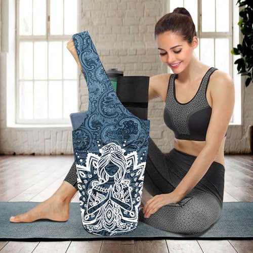 Yoga Mat Bag Carrier for Women with Side Large Pocket Durable Linen Workout Gym Travel Storage Pilates Mats - color: Mandala Meditation