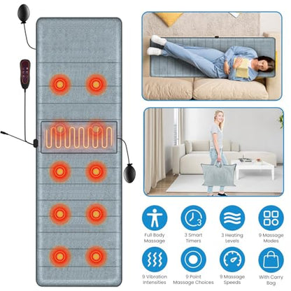 KOCASO Full Body Massage Mat with Heat- Electric Vibration Massage Pad for Chair, Bed & Floor Use with 10 Motors, 9 Modes, 3 Heat Levels, Inflatable Pillow - Ideal Home Office Gift for Women & Men - size: 64.17x18.9x0.98 in