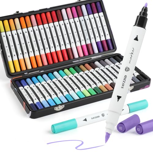 SAVZJSD 40 Colors Alcohol Markers, Premium Dual Tip Markers Set with Metal Box for Artists, Adults in Coloring & Painting (Brush & Fine - color: dark color scheme