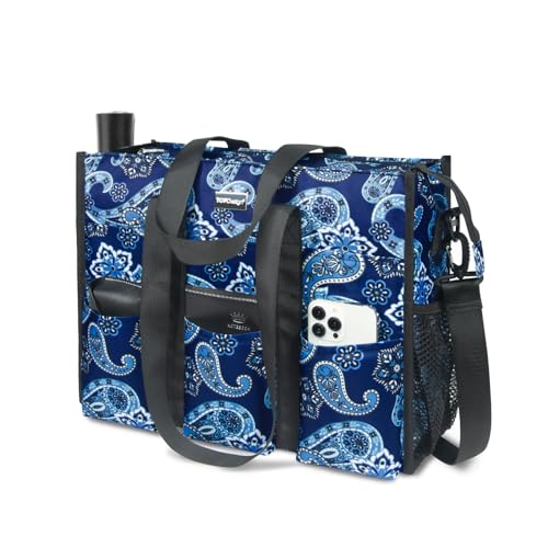 TOPDesign Utility Water Resistant Tote Bag with 22 Pockets, Top Zipper Closure & Thick Bottom Support, for Working Women - color: Blue Bandanna, size: Medium