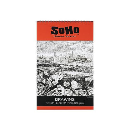SoHo Urban Artist Softcover Drawing Pad - 12"x18", 12 Pack w/288 Sheets Total - 92 lbs/150gsm, Mixed Media, Dual-Sided, Acid-Free, Wire-Bound, Micro-Perforated, Repeated Erasing & Reworking - size: 12"x18"