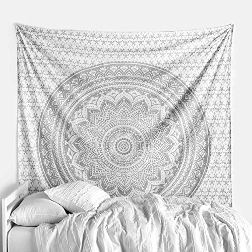 raajsee Silver Grey Mandala Wall Hanging – Aesthetic Indie Decor for Bedroom – Boho Trippy Small 30x40 Inches - color: White Silver Ombre, size: 40"L x 30"W